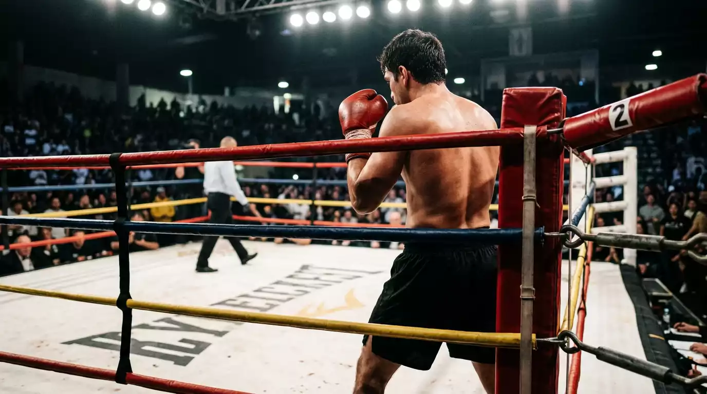 Profiboxer im Ring während eines Kampfes mit Schweizer Publikum im Hintergrund