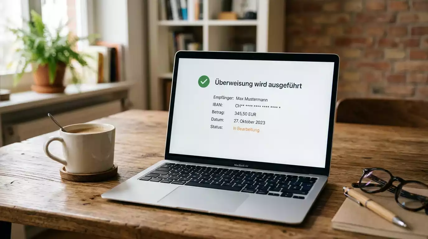 Bankenüberweisung mit Sporttip-Auszahlungsbestätigung auf einem Bildschirm