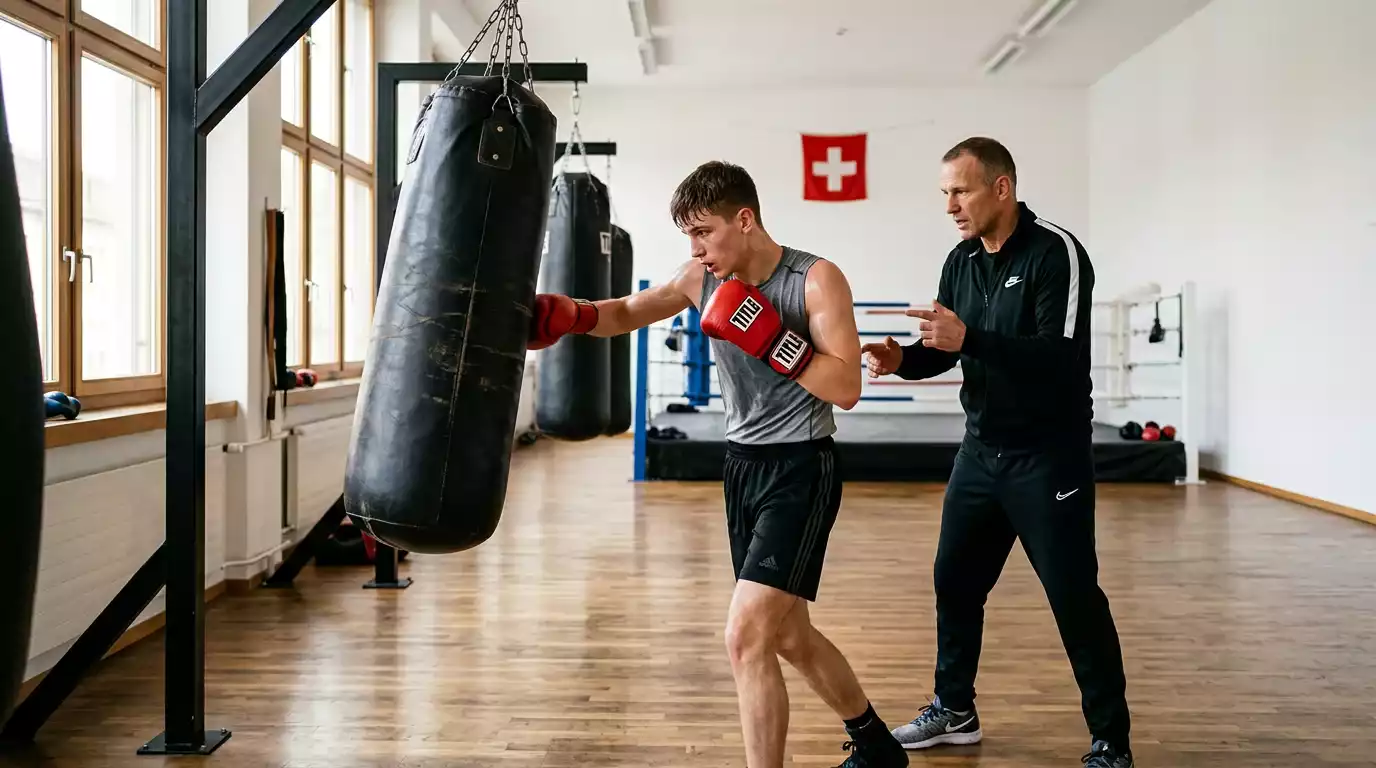Schweizer Boxclub mit Trainer und Boxsack im Trainingsbetrieb