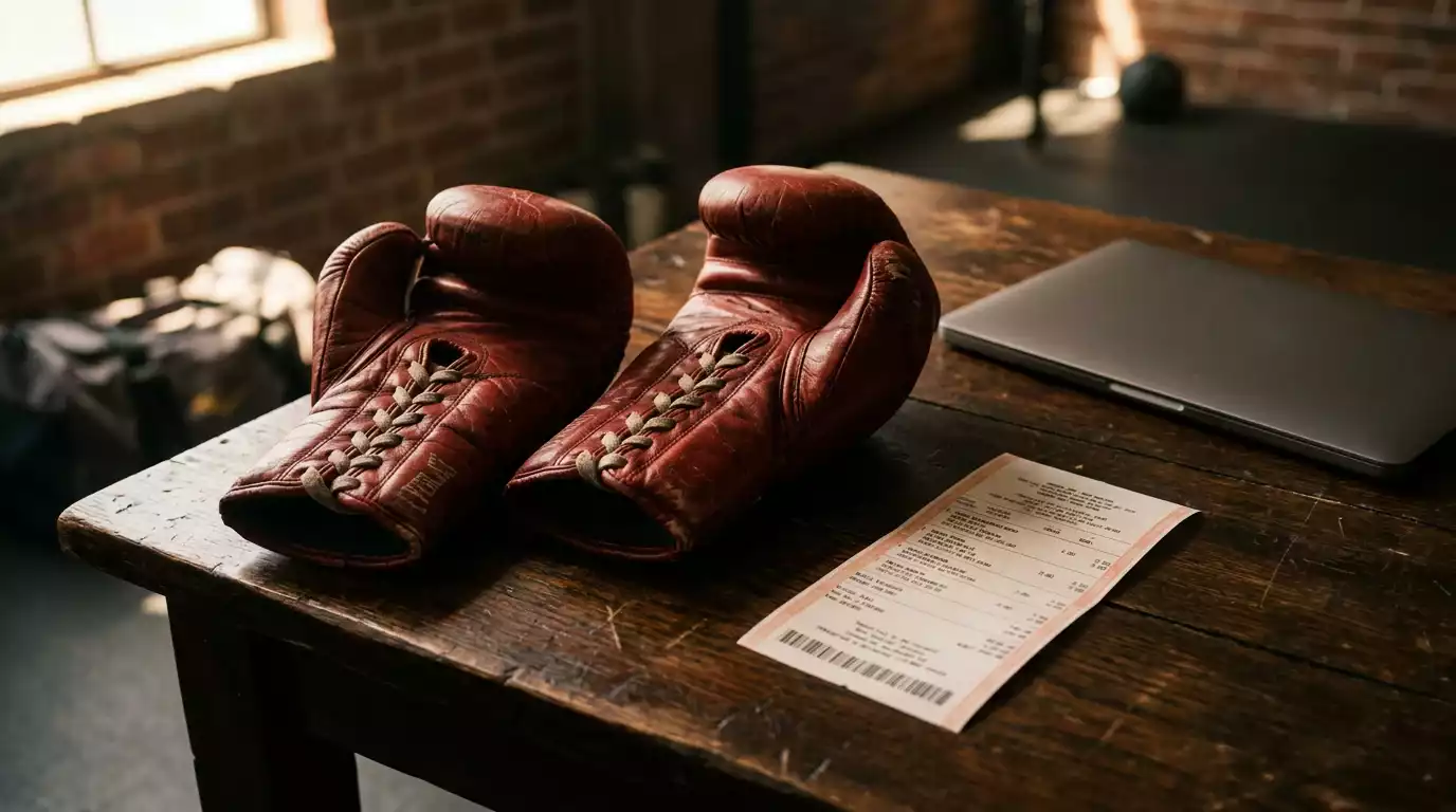 Boxhandschuhe und Wettschein auf einem Holztisch neben einem Laptop