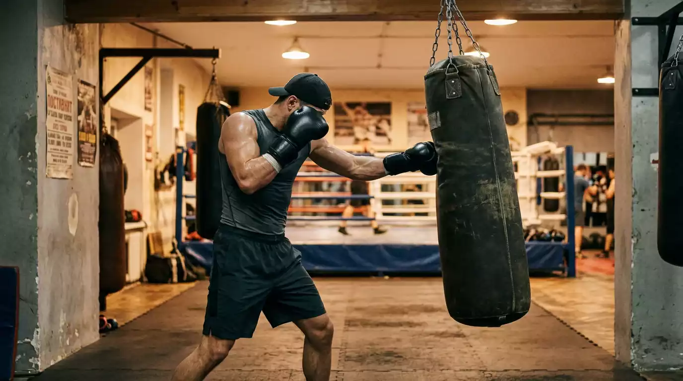 Profiboxer beim Training mit Trainer in einer Schweizer Boxhalle