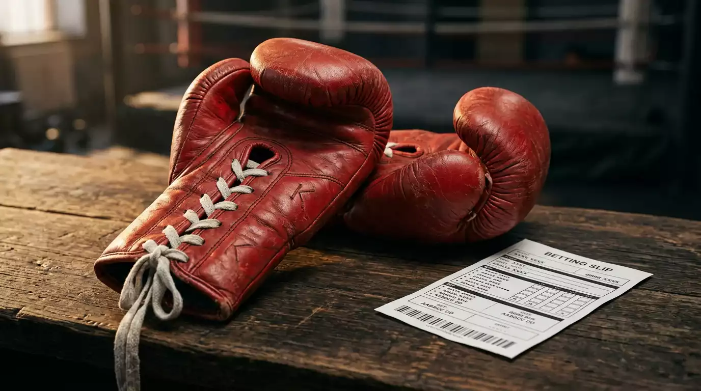 Rote Boxhandschuhe und ein gedruckter Wettschein auf einem dunklen Holztisch