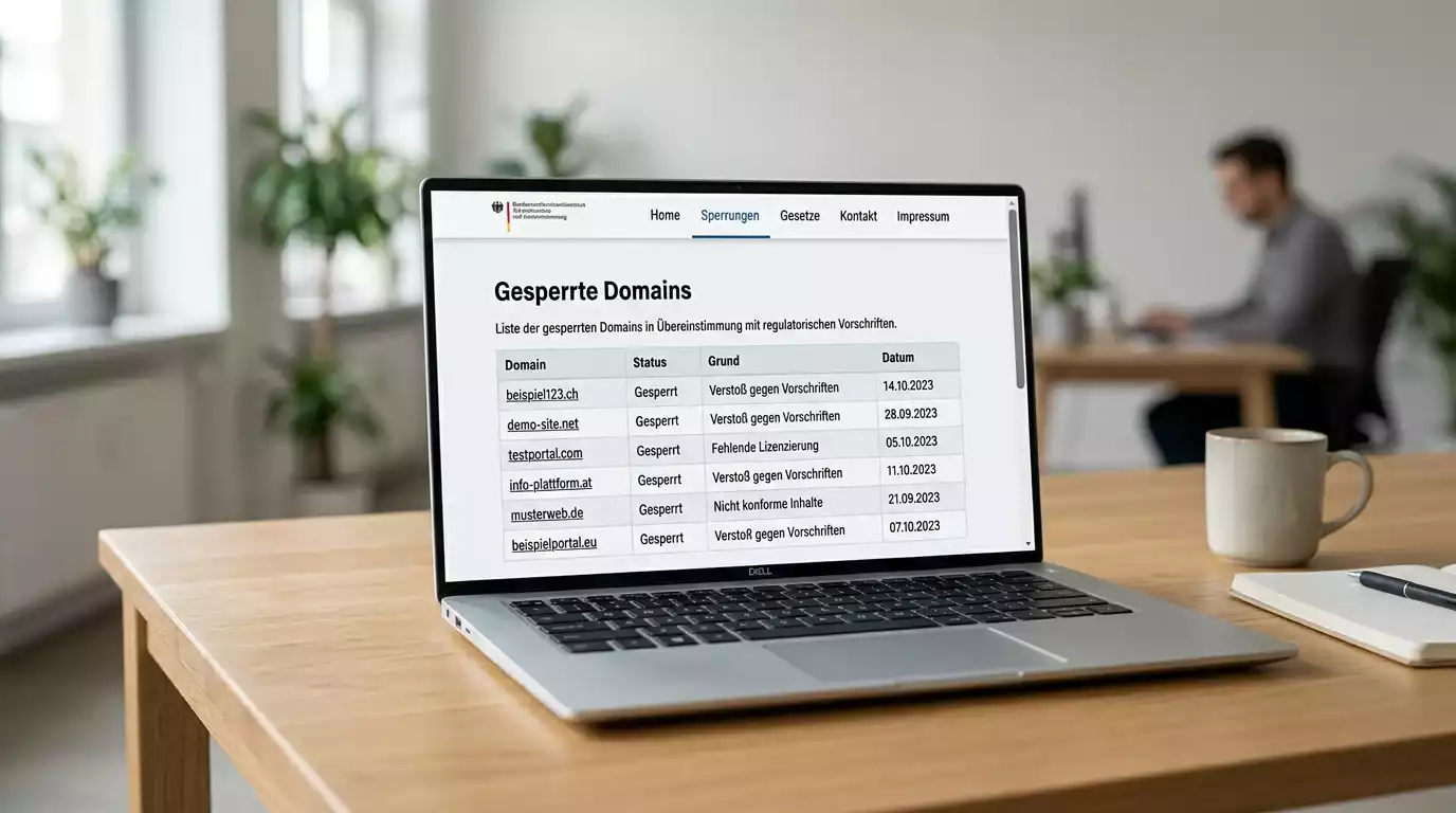 Laptop-Bildschirm mit der offiziellen GESPA-Webseite und einer Liste blockierter Domains