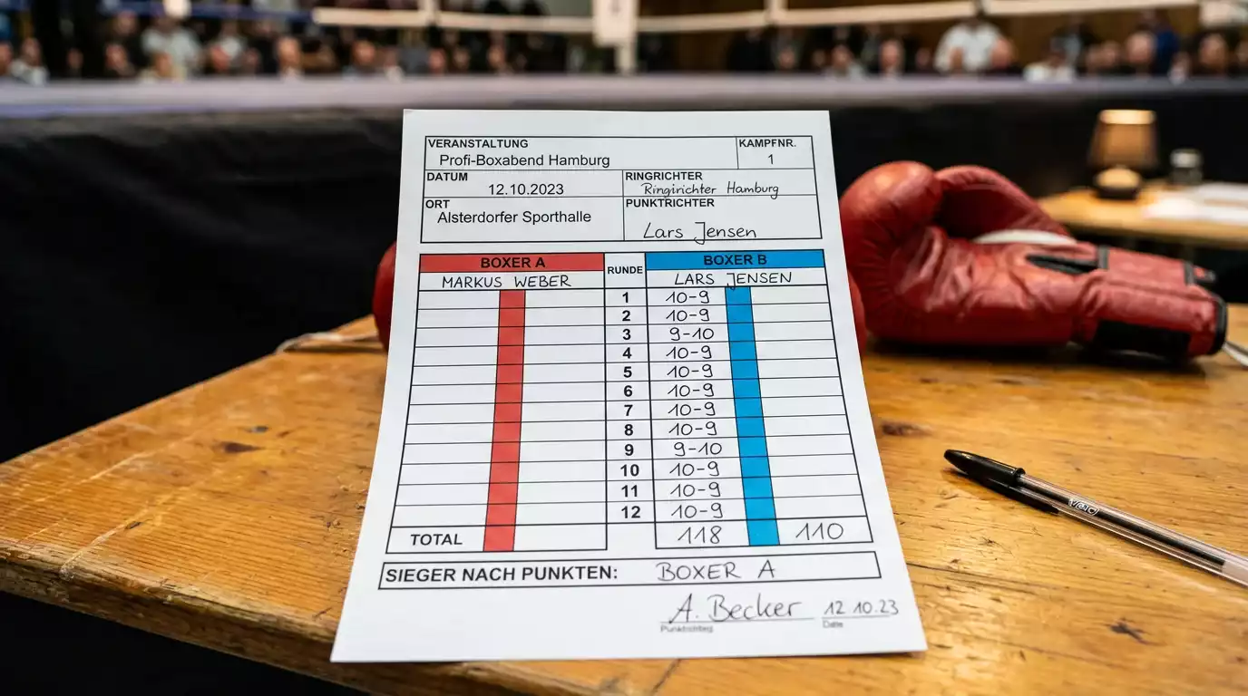 Punktrichter-Wertungskarte mit Handicap-Spread auf einem Boxkampf