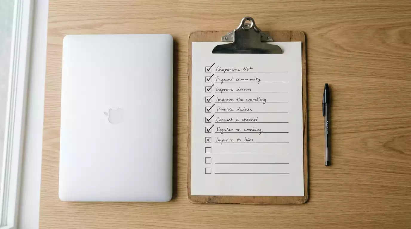 Klemmbrett mit handschriftlich abgehakter Checkliste neben einem aufgeklappten Laptop