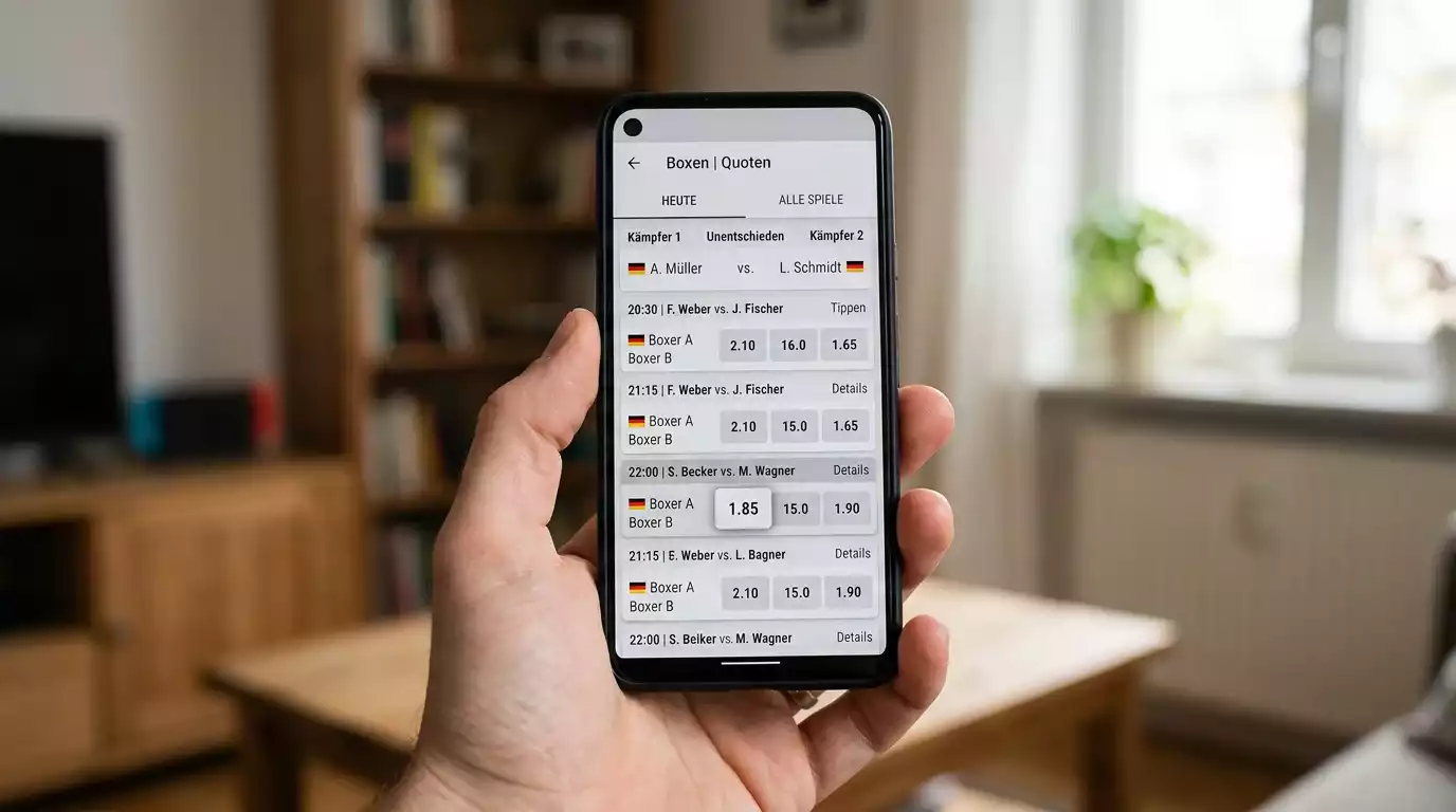 Smartphone-Bildschirm zeigt eine hervorgehobene Wettquote für einen bevorstehenden Boxkampf