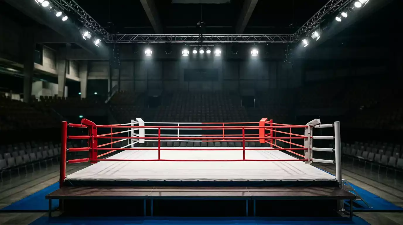 Boxring in einer Schweizer Arena mit Zuschauern und Beleuchtung