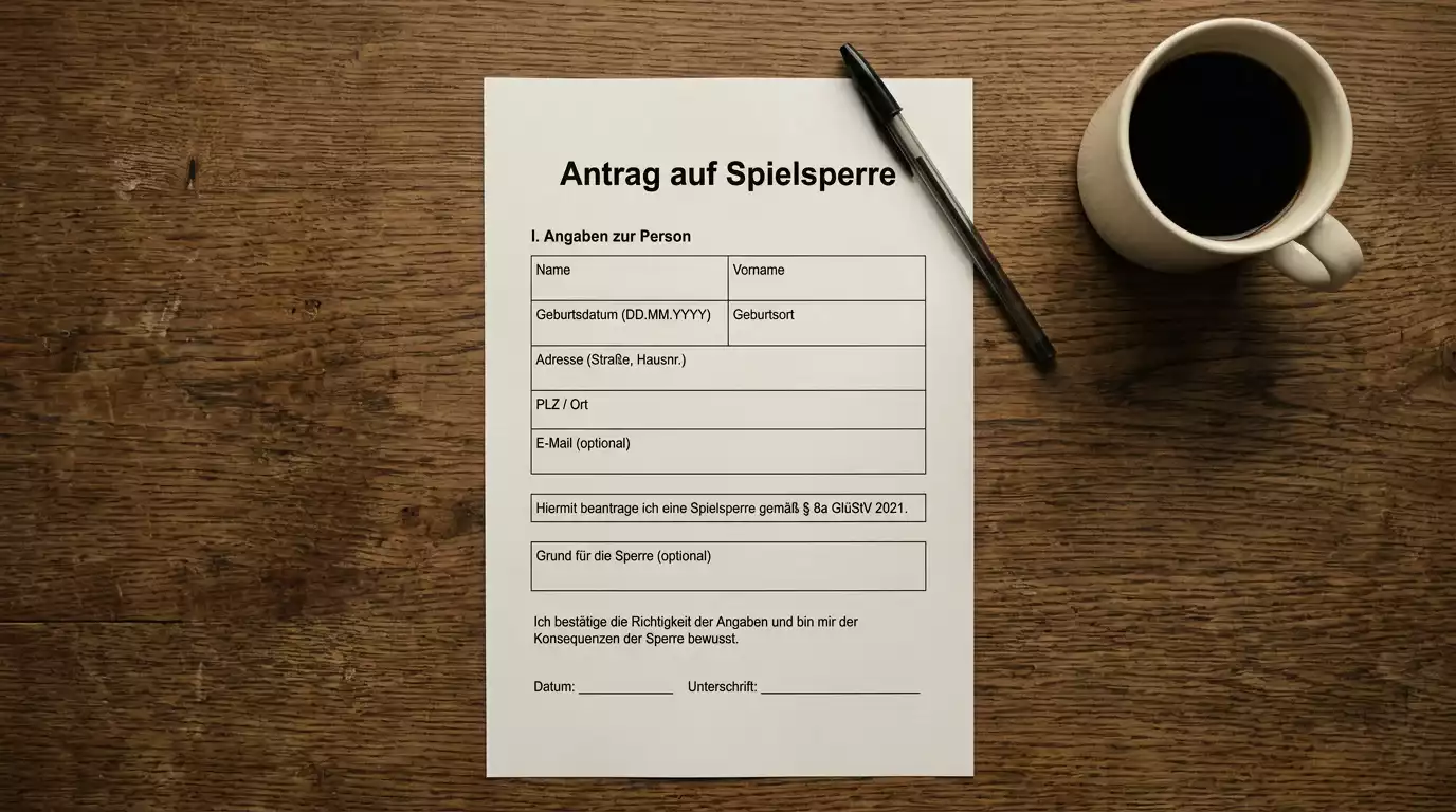 Spielsperre-Formular auf einem Bildschirm mit Stift und Unterlagen
