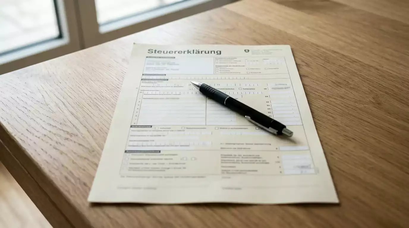 Schreibtisch mit Schweizer Steuererklärungsformular und einem Kugelschreiber