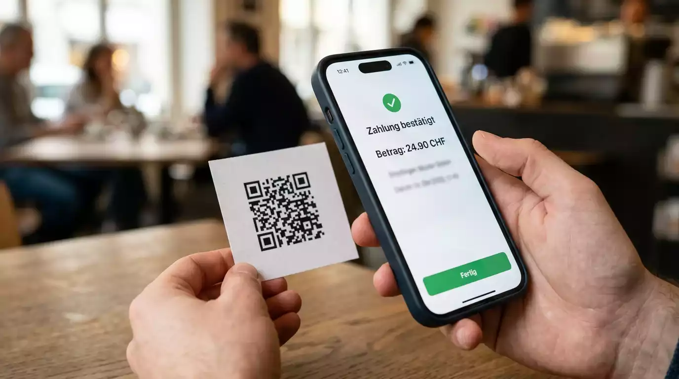 Hand scannt mit Smartphone den Twint-QR-Code für eine mobile Zahlung