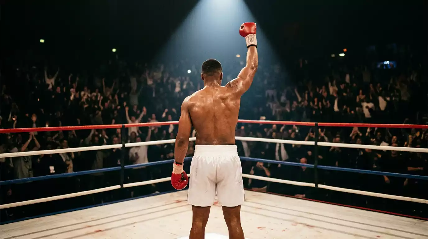 Schwergewichtsboxer in dominanter Pose im Ring bei internationalem Titelkampf