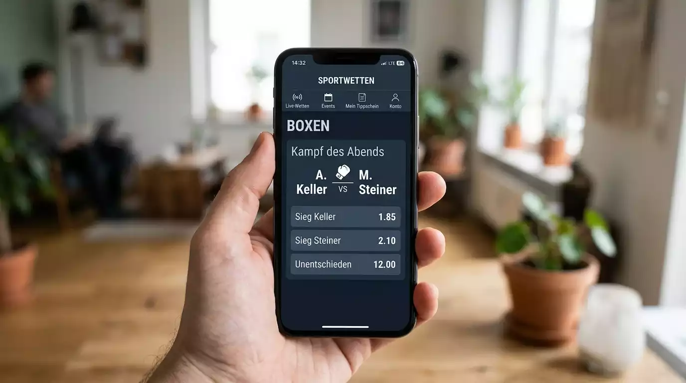 Hand hält ein Smartphone mit geöffneter Sportwetten-App und Boxkampf-Wettmärkten